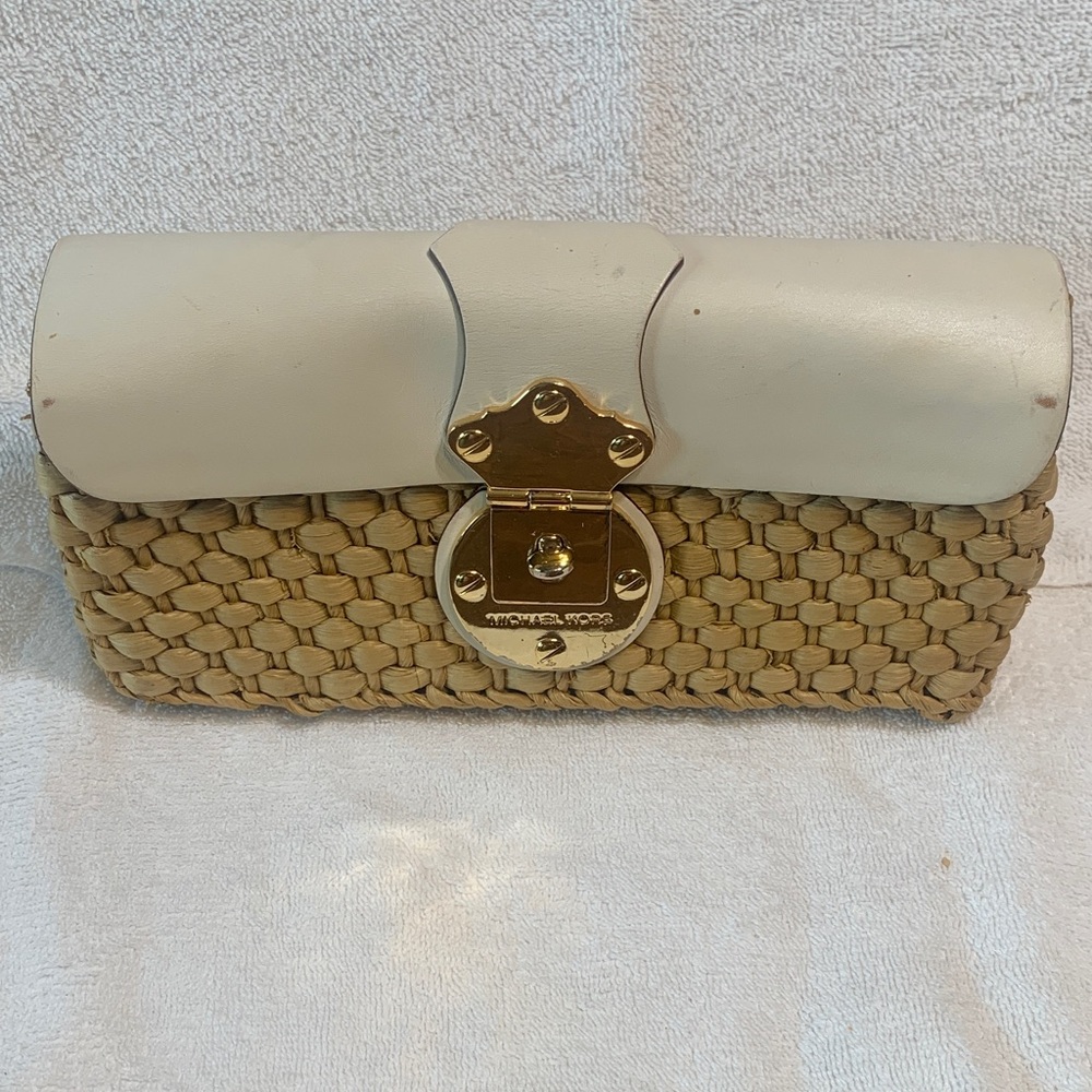 Michael Kors Cream Leather and Beige Woven Straw Clutch with Gold Hardware